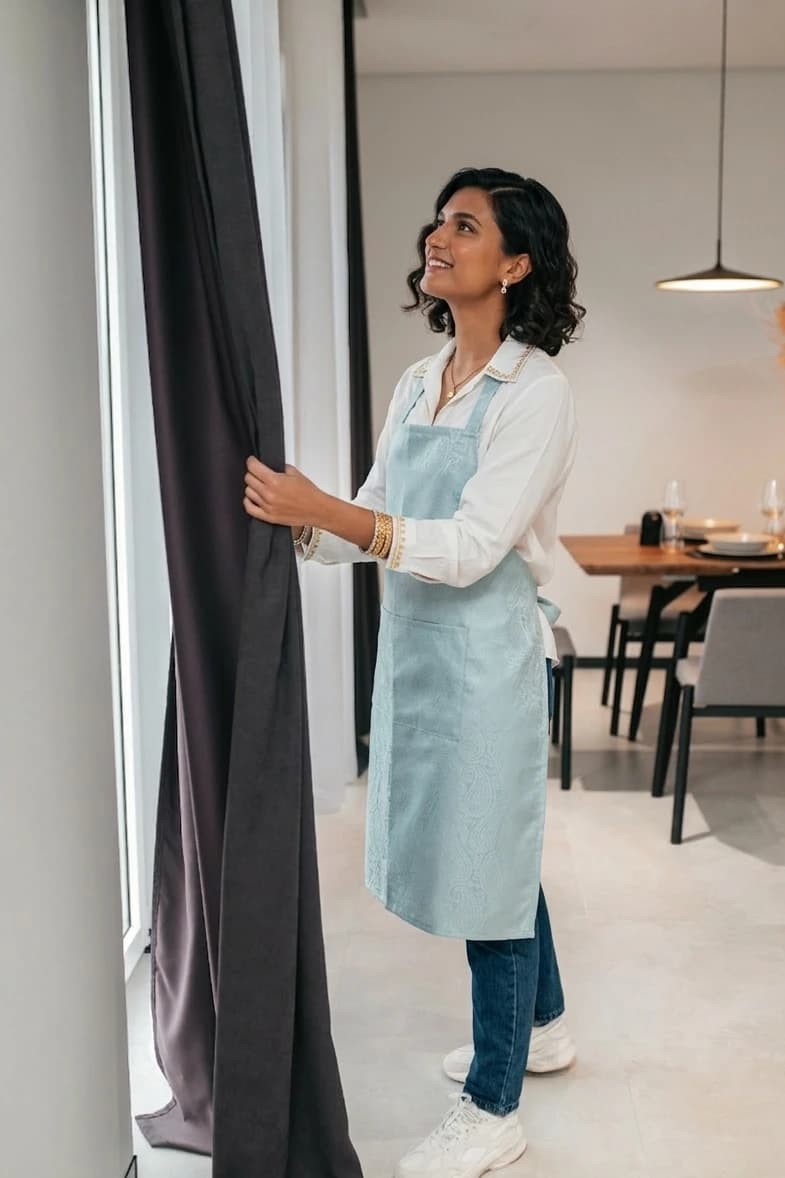 Woman adjusting custom fitted blackout curtains near window