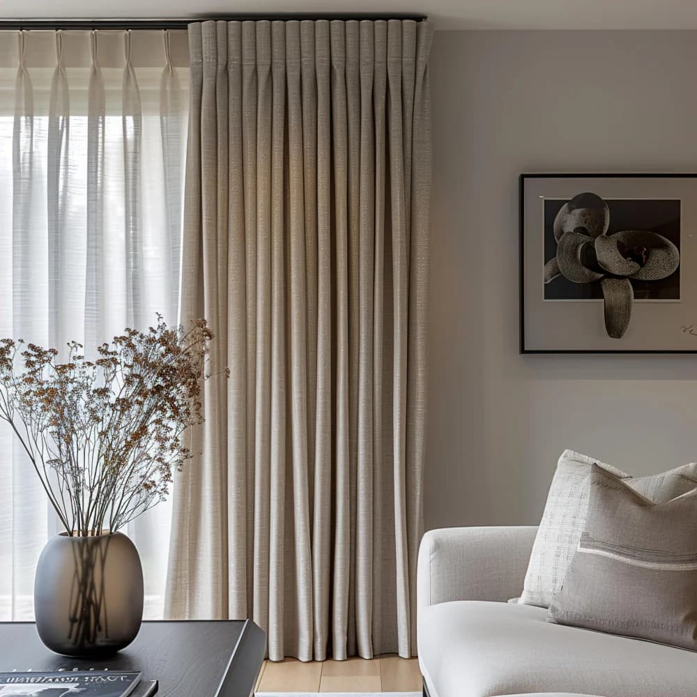 Soft neutral curtains framing window with decorative vase and minimalist styling