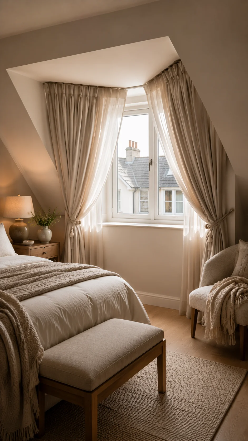 Bedroom curtains fitted to an attic dormer window in Ireland