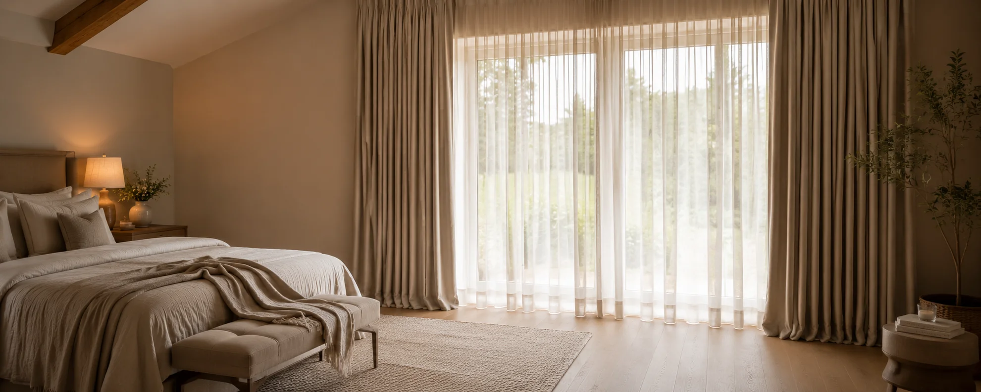 Made to measure bedroom curtains with full-length drape in a calm Irish master bedroom