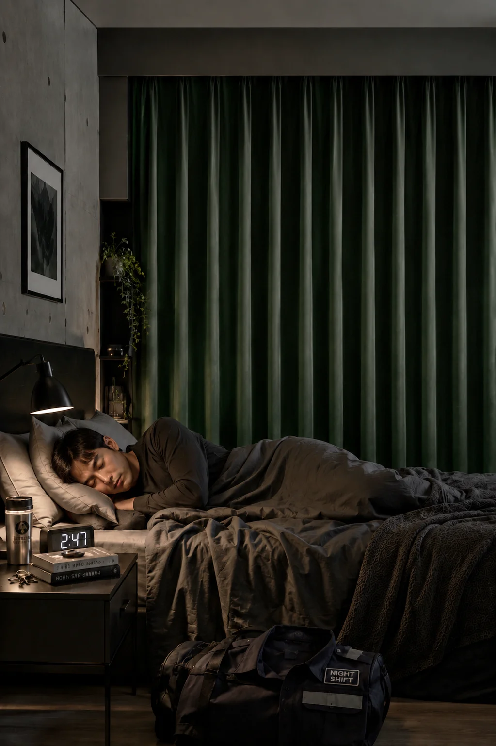 Blackout curtains in a shift worker's bedroom