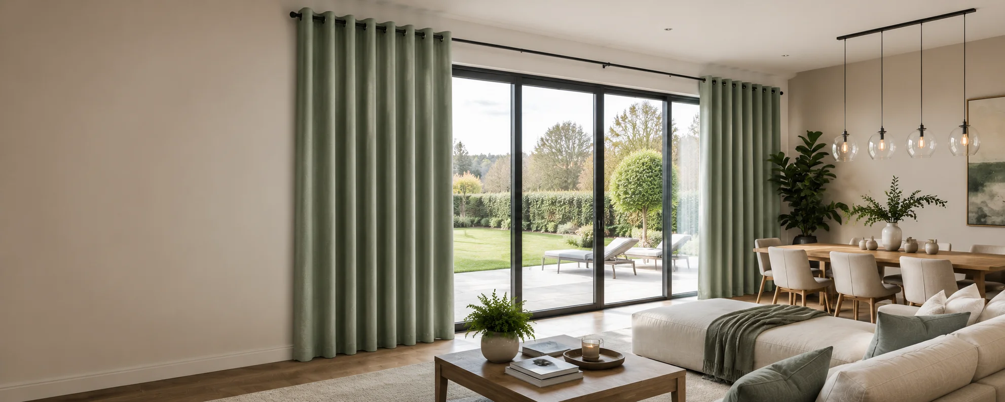 Made to measure eyelet curtains with visible ring-top heading and uniform folds in a contemporary Irish living room