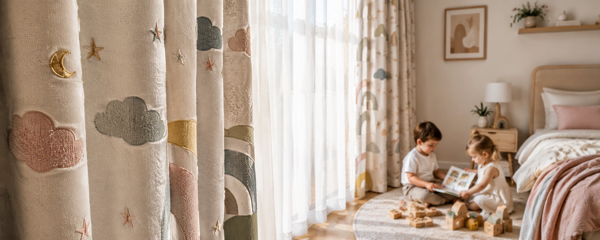 Made to measure kids curtains in a calm nursery with soft neutral tones