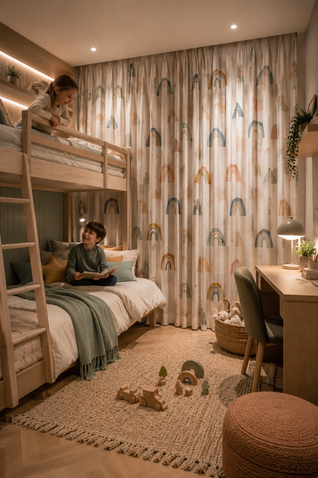 Kids curtains in a shared sibling bedroom with coordinated neutral tones