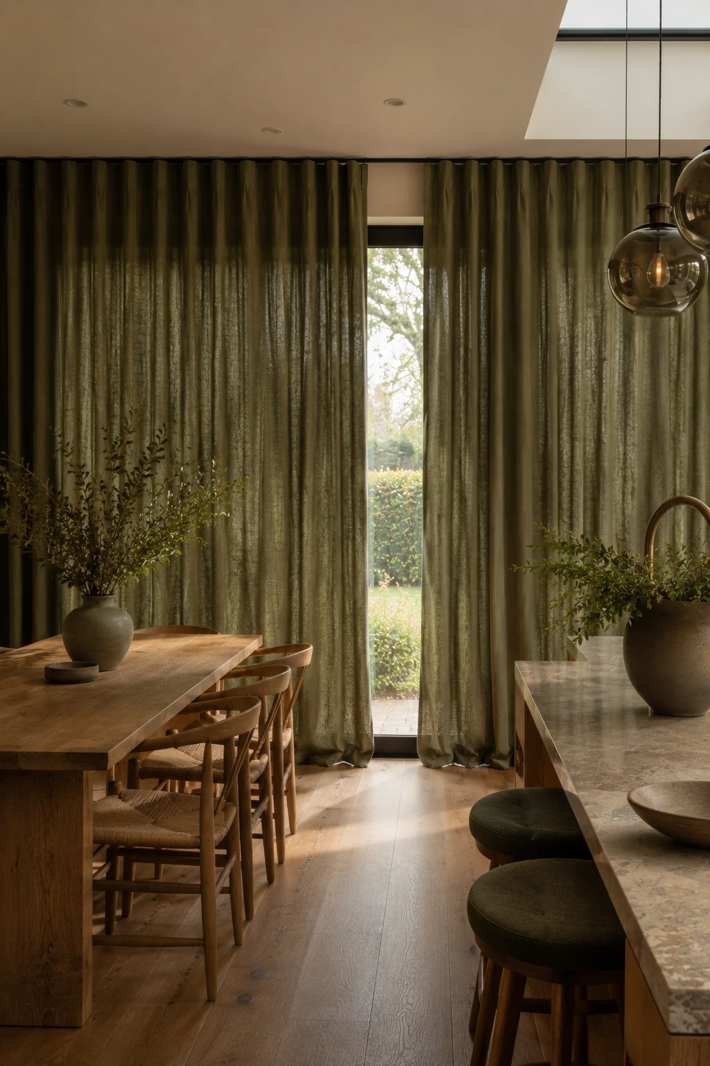 Natural linen curtains in an open-plan dining and kitchen space