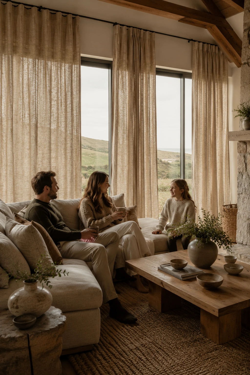 Linen curtains in a bright Irish living room with natural texture