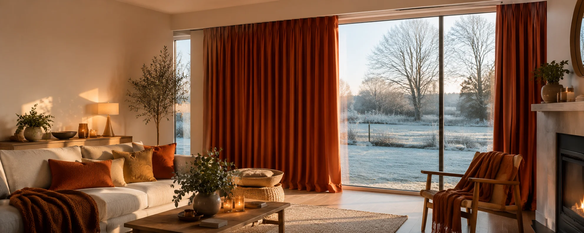 Made to measure thermal lined curtains in a cosy Irish living room with full-length drape