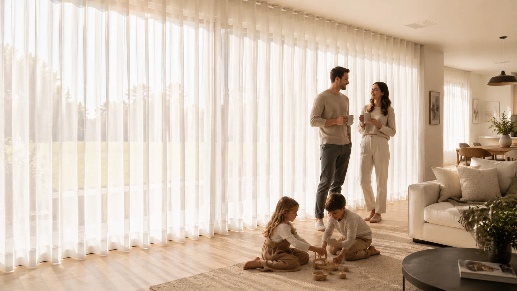 Made to measure voile curtains filtering soft daylight in a Louth living room