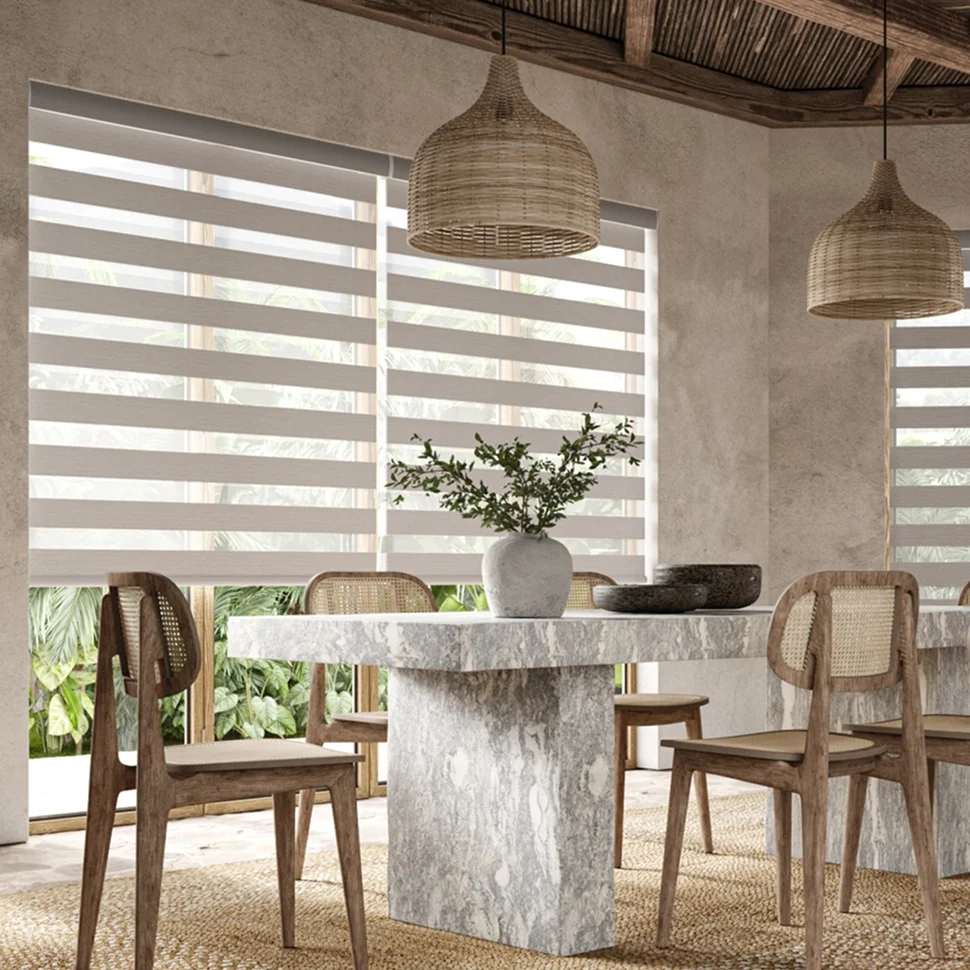 Day and night zebra blinds in a contemporary home